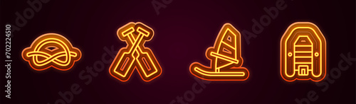 Set line Nautical rope knots, Crossed oars or paddles boat, Windsurfing and Inflatable with motor. Glowing neon icon. Vector