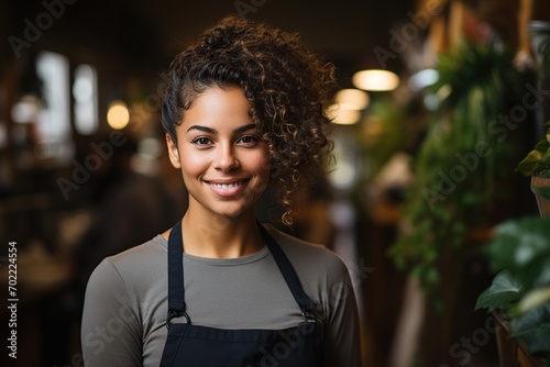 Barista wears apron standing with arms crossed and looking at camera  in coffee shop. Young woman cafe owner smiling and waiting for welcome customer. photo
