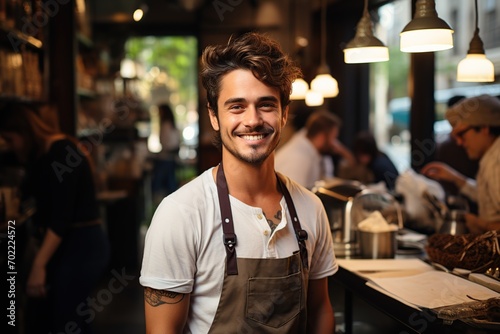 Barista wears apron standing with arms crossed and looking at camera  in coffee shop. Young man cafe owner smiling and waiting for welcome customer.