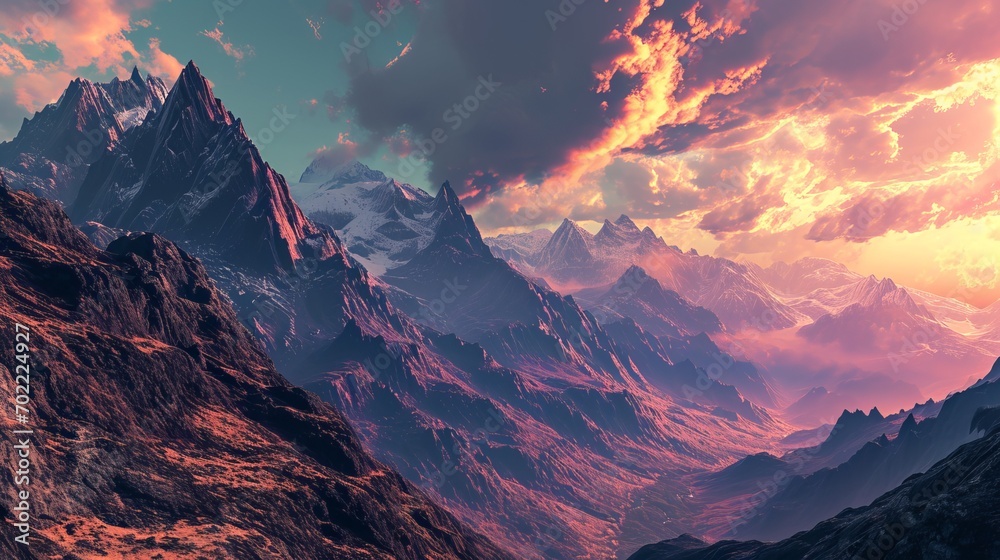 Majestic Mountain Landscape at Sunset with Dramatic Cloudy Sky, Rugged Terrains and Snow-Capped Peaks