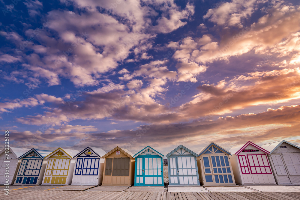 Colorful beach huts in Cayeux, Normandy, France