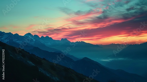 Breathtaking Sunset Over Majestic Snow-Capped Mountains with Colorful Sky and Rolling Hills © Arslan
