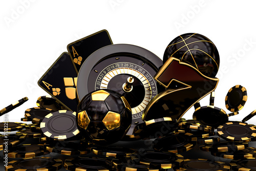 casino betting gambling mix slot machine roulette set card soccer football basketball balls banner 3d render 3d rendering illustration 
