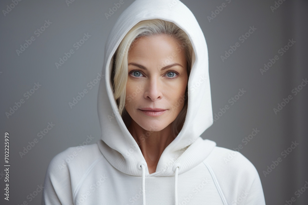 Beautiful middle aged woman in a white hoodie Beautiful middle aged woman in a white hoodie
