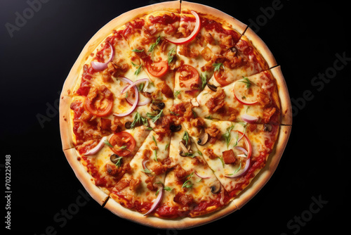Traditional italian pizza with cheese, tomatoes, onions on black background, top view, sliced