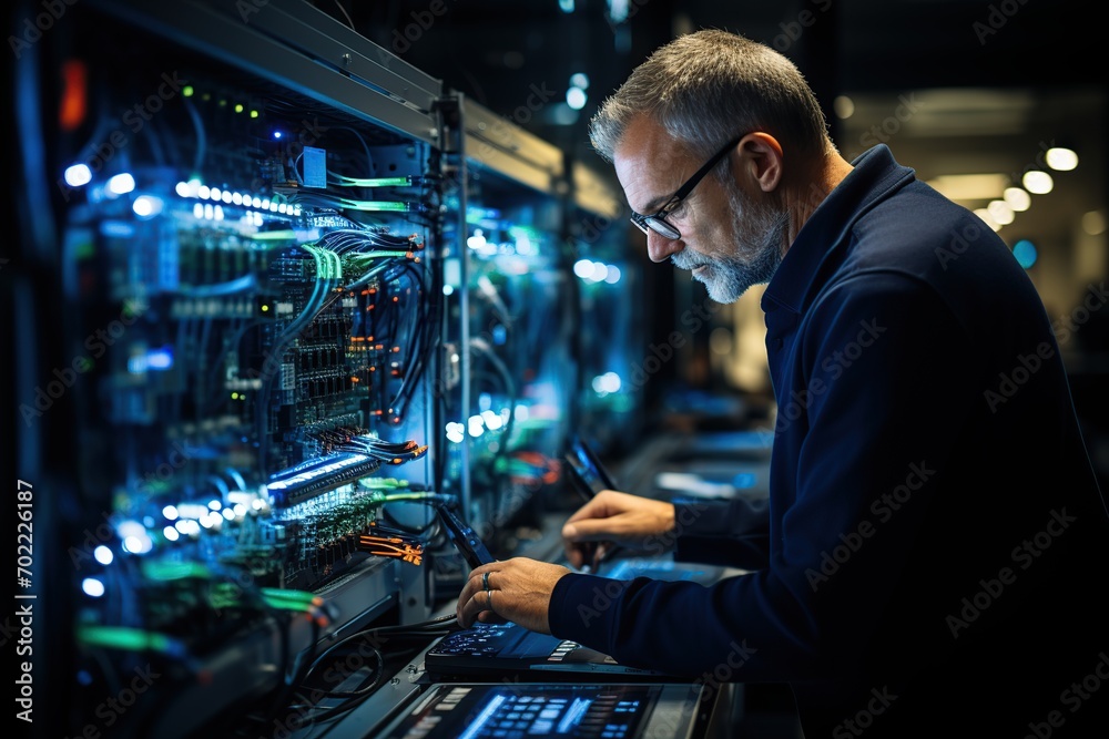 Focused network engineer configuring hardware in a server room, surrounded by racks of data equipment. Focused network engineer configuring hardware in a server room, surrounded by racks of data equipment.