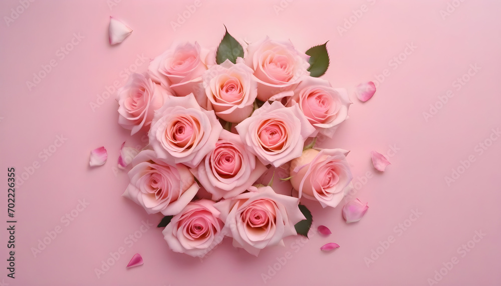 Light pink roses and petals on pink background with copy space, top view. Flower composition for valentine's day created with generative ai