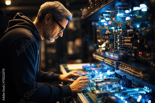 Focused network engineer configuring hardware in a server room  surrounded by racks of data equipment.