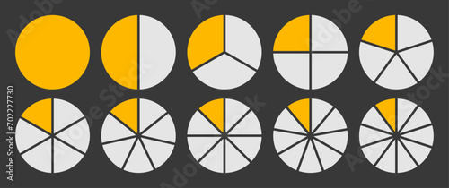 Circle divided into 1-10 parts icon set.  Full circle segment diagram in 1-10 parts graph icon pie shape section chart in yellow and white color. Circle divided in ten parts infographics.