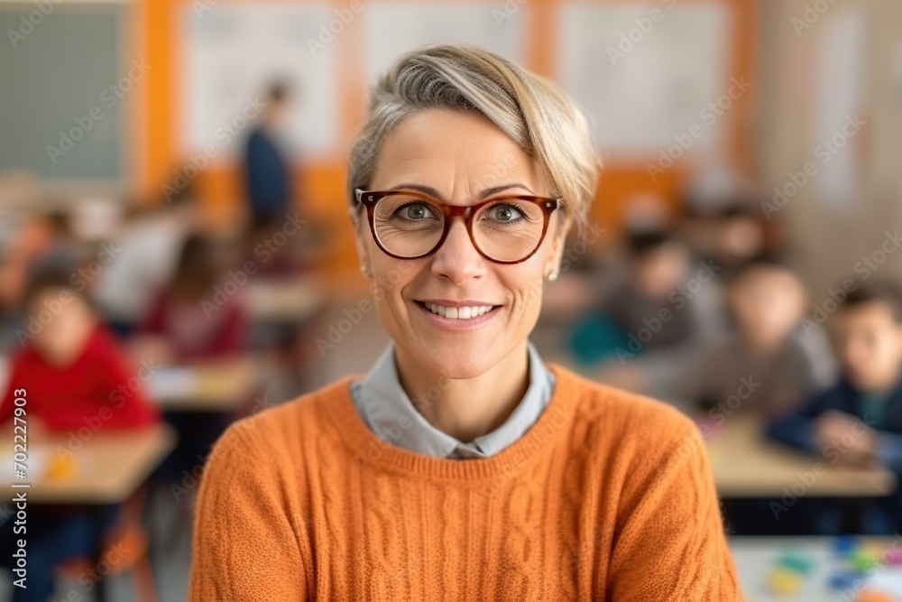 A cheerful senior female teacher with glasses standing in a classroom, with young students visible in the background.