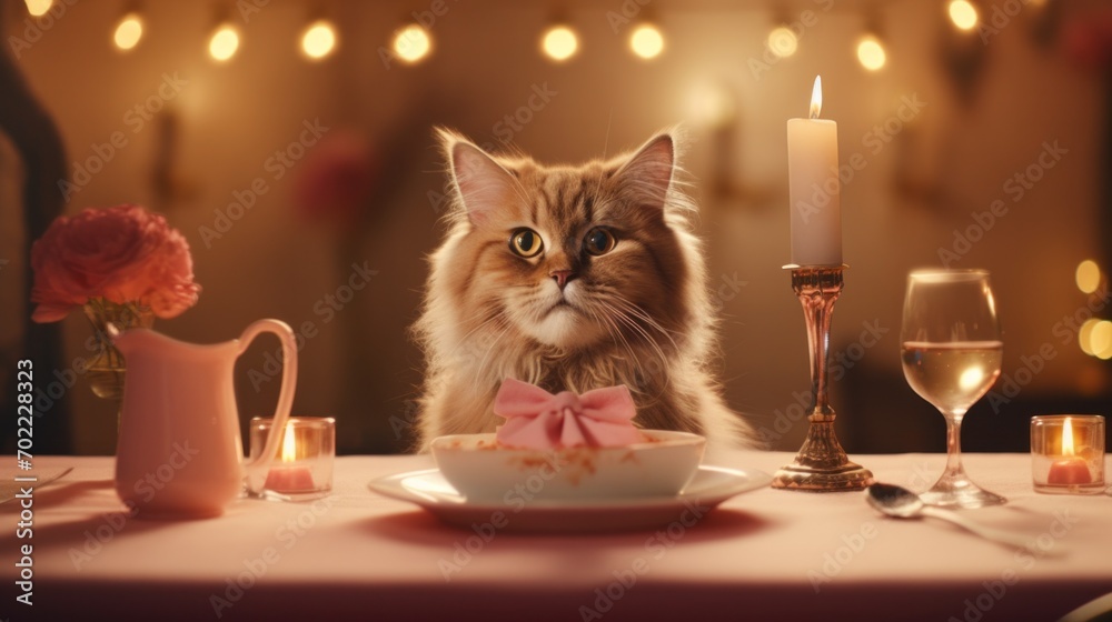 A cat sitting at a table with a plate of food