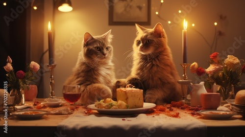 Two cats sitting at a dinner table with candles photo