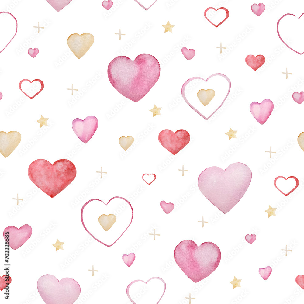 Valentine seamless pattern with watercolor pink hearts