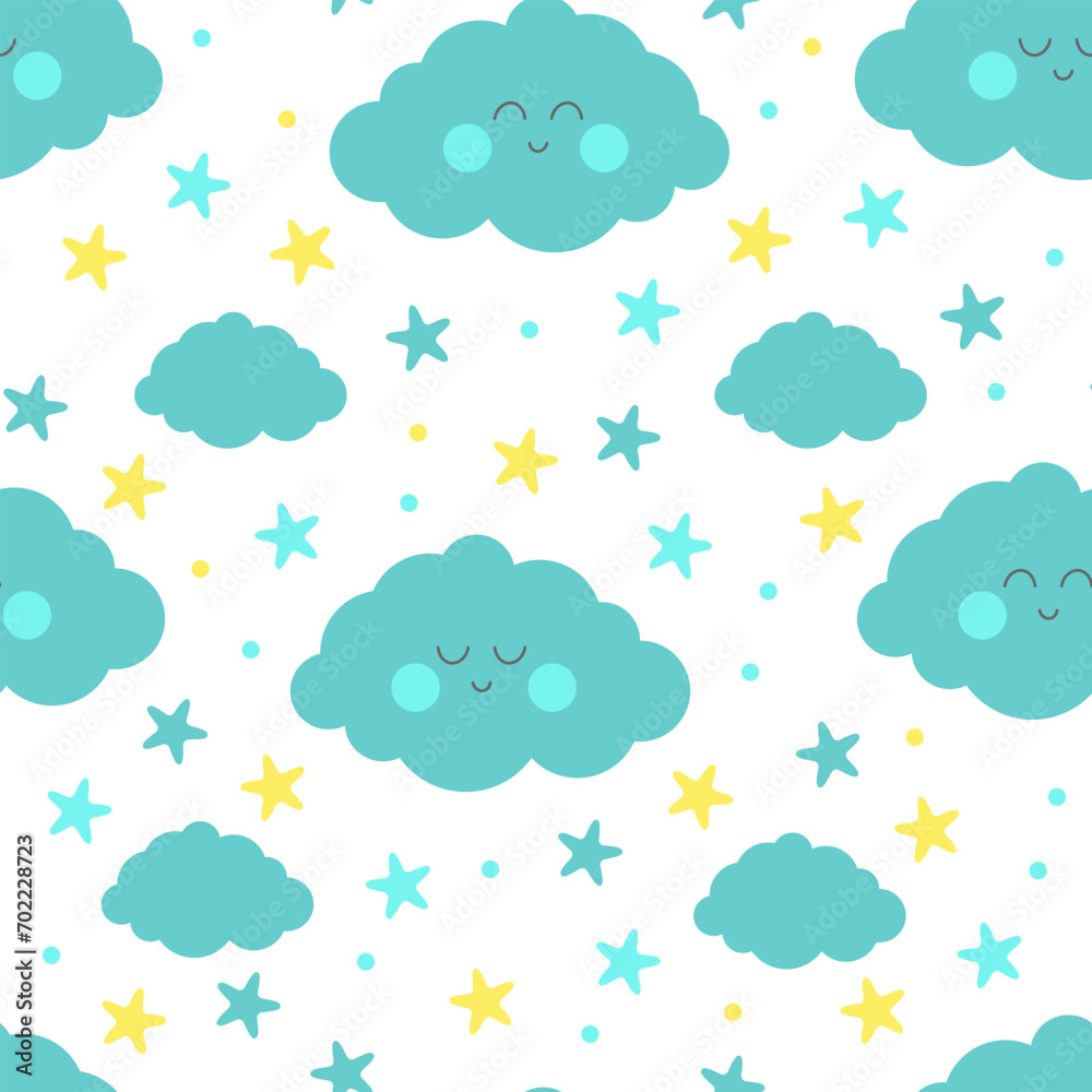 Sleepy blue cloud with yellow stars for baby room decoration. For fabric print logo sign cards banners Kids wall art design Vector illustration