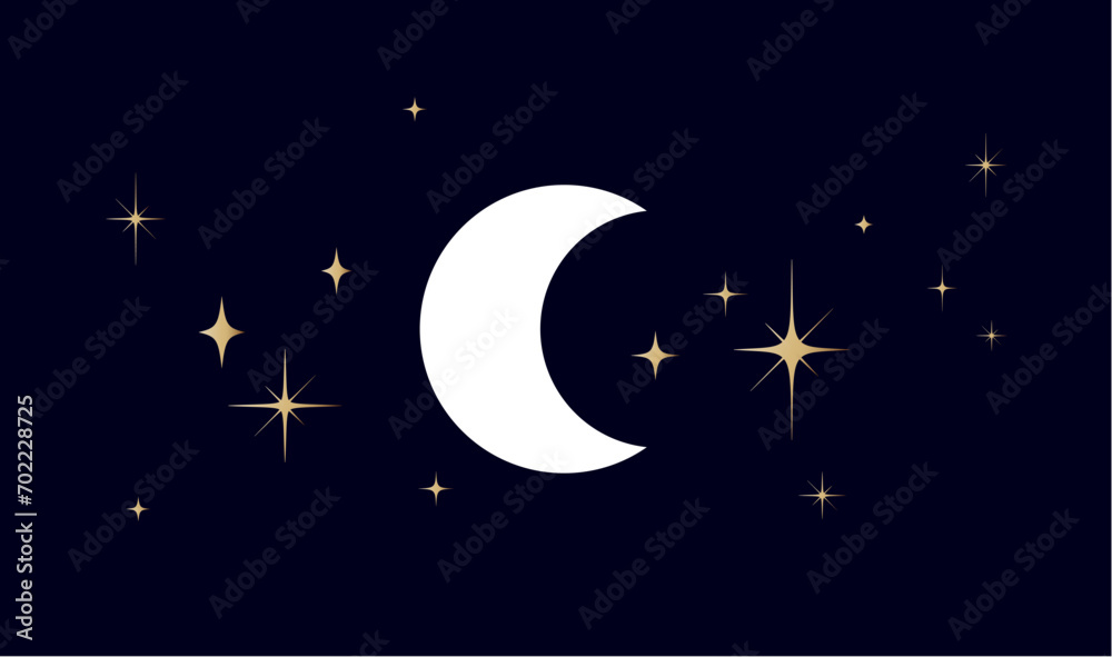 Naklejka premium Moon, half moon, crescent with stars. Half moon, crescent with star, night sky background. Half moon symbol, graphic elements, light star shapes graphic, crescent icon collection. Vector Illustration