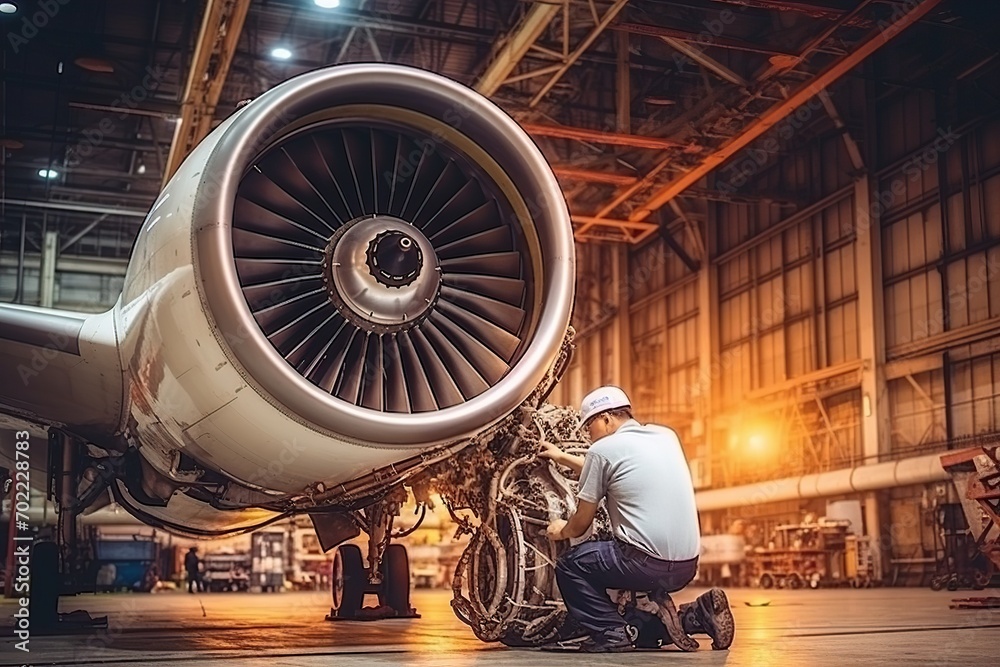 Aircraft maintenance technician inspects and works on airplane engines in the hangar at repair station. ai generative - obrazy, fototapety, plakaty 