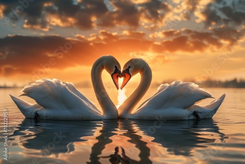 Romantic swans making a heart shape, Swan couple for Valentine's Day