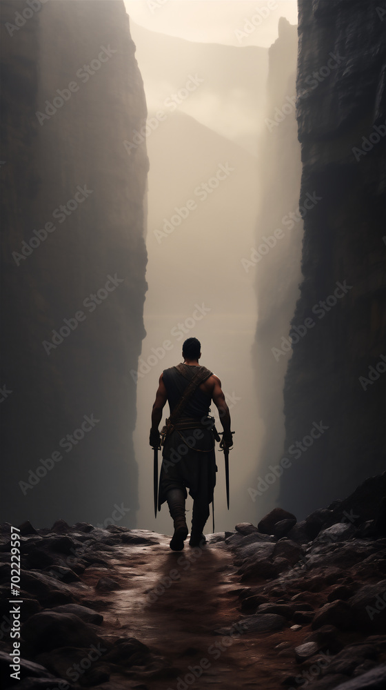 Fantasy hero in a canyon ready for an adventure Fantasy hero in a canyon ready for an adventure