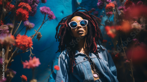 Young woman with dread locks and rounded sunglasses, surrounded by flowers