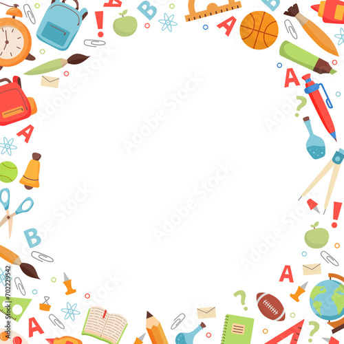 School supplies.Back to school. Education hand drawn symbols. school icon.Design for web, site, advertising, banner, poster.Stationery elements. Office supplies.Sports equipment.Backpack school.