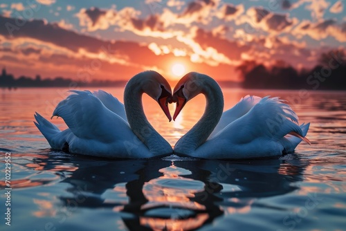 Fototapeta Naklejka Na Ścianę i Meble -  Romantic swans making a heart shape, Swan couple for Valentine's Day