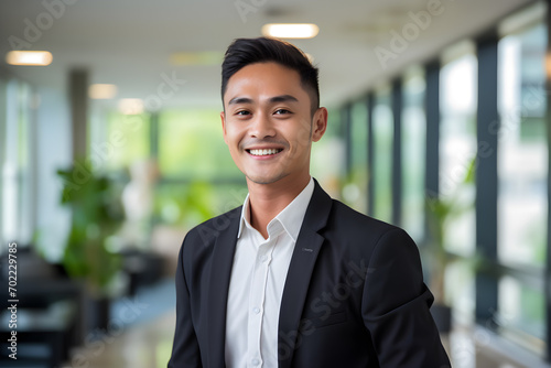 Portrait of happy young asian businessman smiling at camera in office