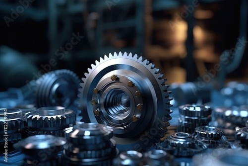 A close-up view of precision-engineered metal gears and parts on a manufacturing workshop table