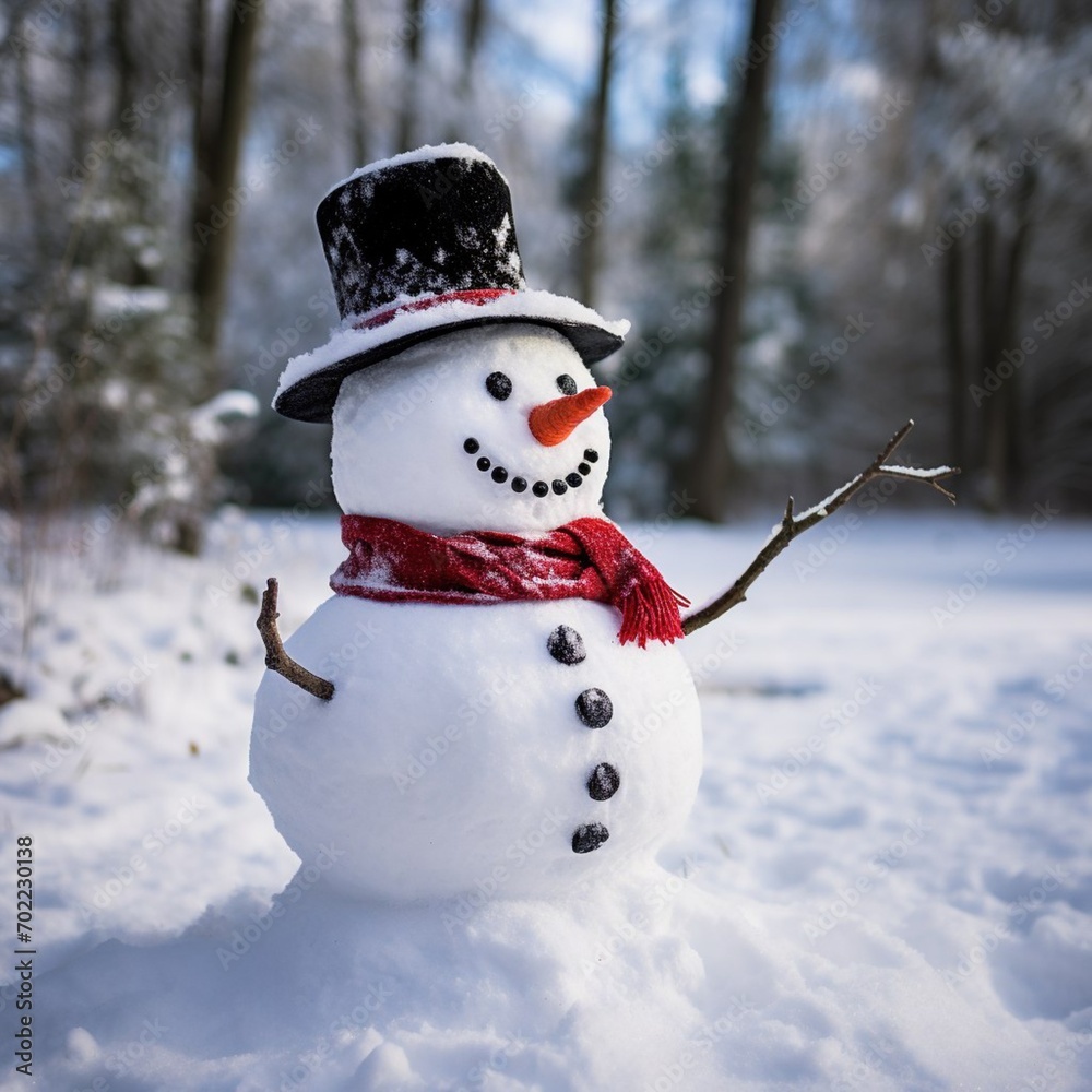 Snowman with a carrot nose, black hat, red scarf, coal buttons and stick arms standing outside on a winters day. Concept of winter, snow and childhood. Snowman with a carrot nose, black hat, red scarf, coal buttons and stick arms standing outside on a winters day. Concept of winter, snow and childhood.
