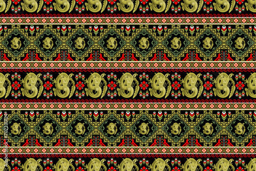 Ethnic Gold Dragon Seamless Pattern.  Vector design for fabric, tile, wrapping, carpet, embroidery, clothing, wallpaper, and background.