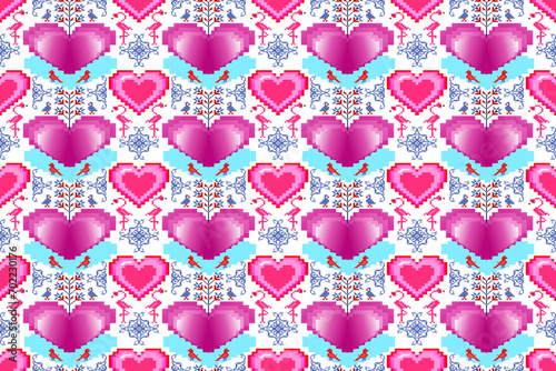Hearts Pixel Art Seamless Pattern.  Vector design for fabric, tile, wrapping, wallpaper, and background