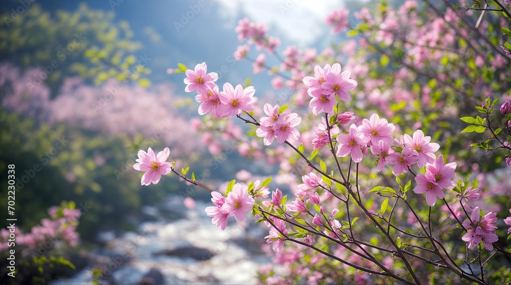Obraz premium a close-up of pink cherry blossoms blooming on a tree. The tree is in front of a river and surrounded by greenery. The blossoms are vibrant and create a sense of warmth and vitality.