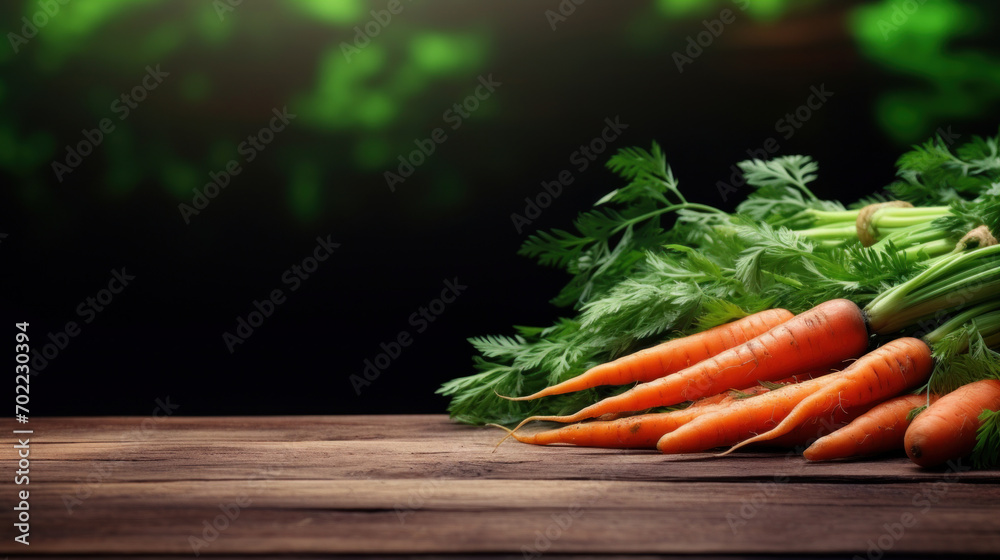 Vibrant organic carrots with lush green tops against a dark, blurred natural background. Vibrant organic carrots with lush green tops against a dark, blurred natural background.
