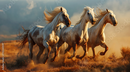 Horse herd galloping on sandy dust against sky. Horse herd run in desert sand storm against dramatic sky