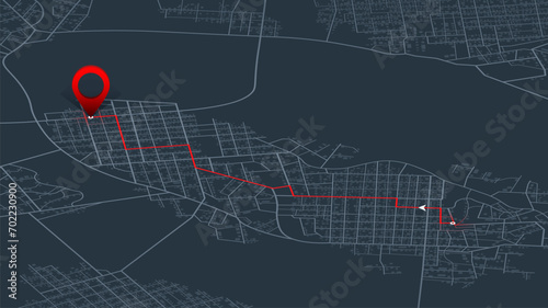 Abstract navigation plan. Rout, location marked with pin on isometric city map. Navigation pin. Generic city map with signs of streets, roads and house. Editable vector illustration, map background.