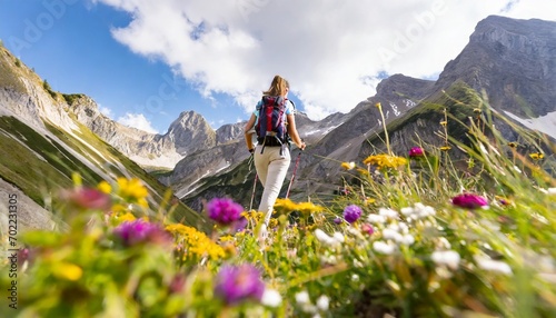 Wonderful hiking spot: Sporty hiker on idyllic trail in the mountains on path lined with flowers. Colorful ai generated photo on a sunny day with view into surrounding mountains