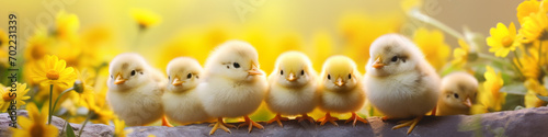 Yellow colorful chickens, chicks with colored eggs in the grass. Sitting in a basket with Easter eggs. Banner website concept © MD Media