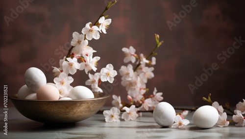 Easter eggs on a table in front of some cherry tree blossom. Easter holiday. many colorful eggs. different colors and patterns. pastel colors, natural dye