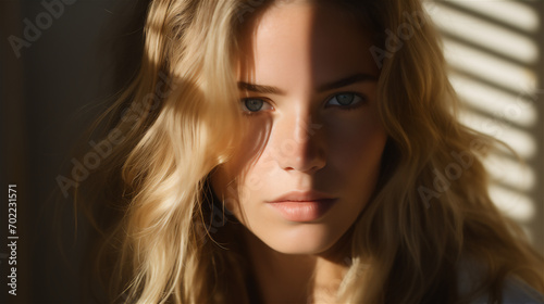 Portrait of a beautiful woman with blue eyes in sun rays © Johlan Higs