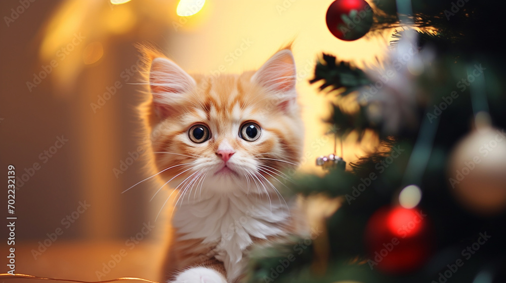 A cat near the New Year tree