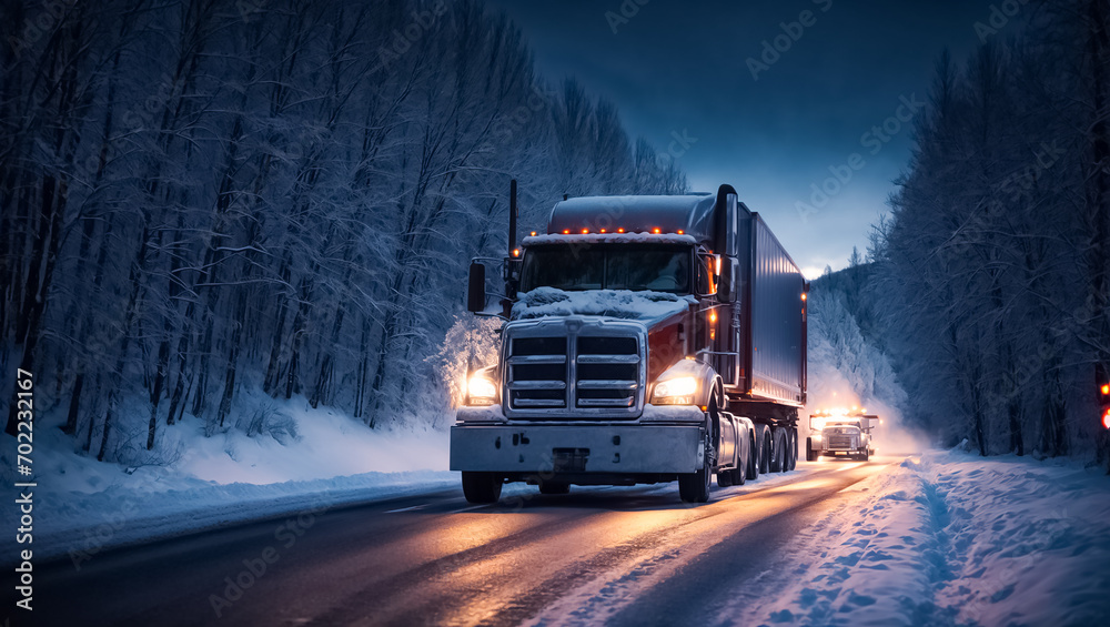 Obraz premium Truck driving on snowy road at night