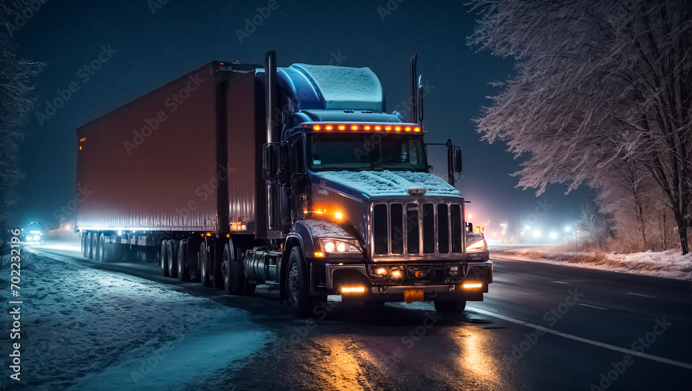 Truck driving on snowy road logistic at night Truck driving on snowy road logistic at night