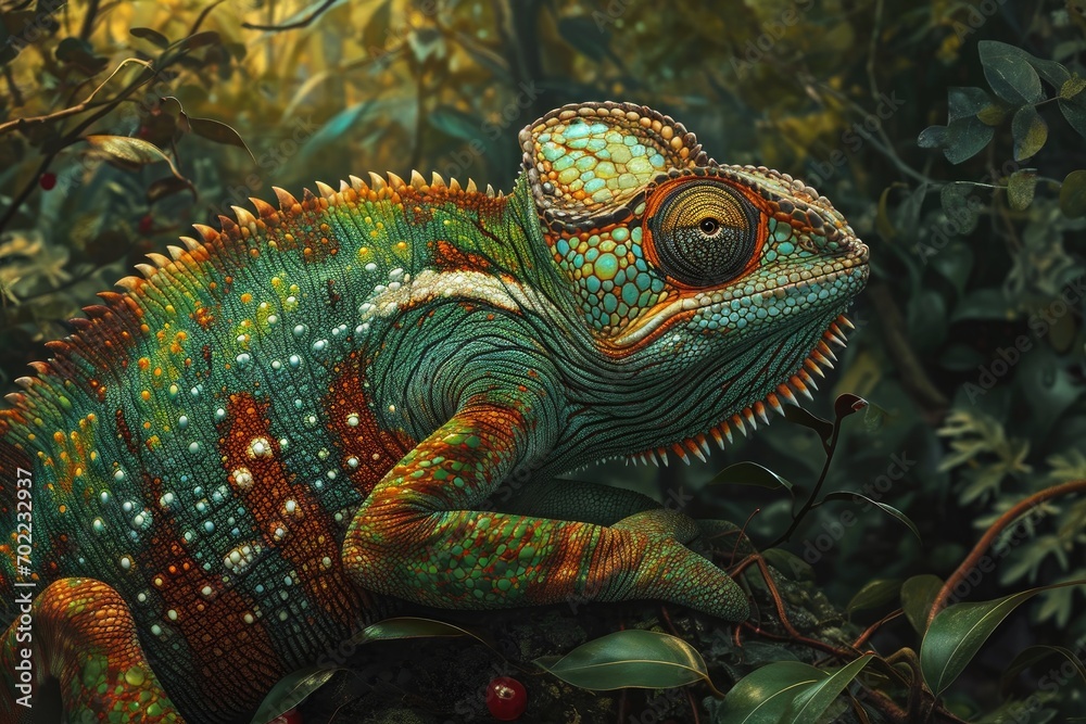 Obraz premium A vibrant chameleon perches on a lush branch, showcasing the beauty of nature's diverse organisms in the great outdoors