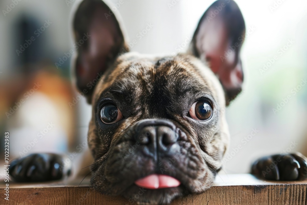 A playful french bulldog puppy with its tongue out brings joy and cuteness to an indoor setting, surrounded by its fellow non-sporting group breeds of pugs, toy bulldogs, and boston terriers