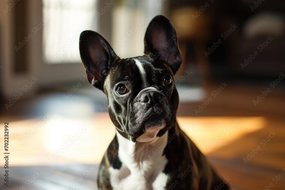 A curious french bulldog and boston terrier mix sits contently on the indoor floor, its snout pointing upwards as it gazes inquisitively, embodying the playful and affectionate nature of its beloved 