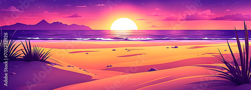 Purple sunset over the beach. Digital illustration style. Banner format. photo
