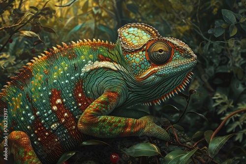 A vibrant chameleon perches on a lush branch  showcasing the beauty of nature s diverse organisms in the great outdoors