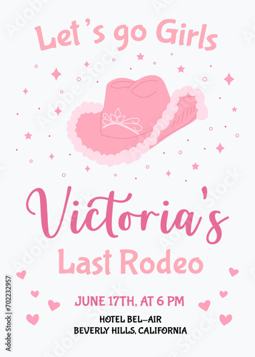 Hen Party invitation card. Last rodeo bachelorette party invitation template. Cowgirls disco party. Wedding stationery. Vector illustration.
