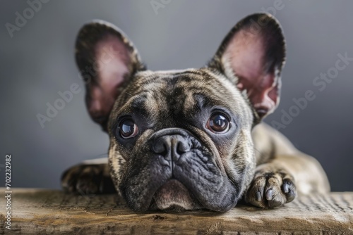 A loyal french bulldog lounges on a rustic wooden surface, its wrinkled snout and adorable features reminiscent of its fellow toy bulldogs, boston terriers and pugs, as it basks in the outdoor sereni © AiAgency