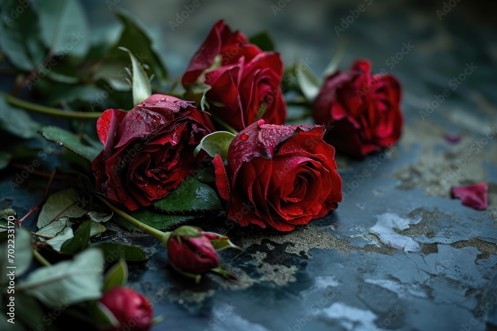 A vibrant display of blooming floribunda roses in a striking contrast of red against a serene blue background, evoking feelings of beauty and tranquility in a lush garden setting A vibrant display of blooming floribunda roses in a striking contrast of red against a serene blue background, evoking feelings of beauty and tranquility in a lush garden setting