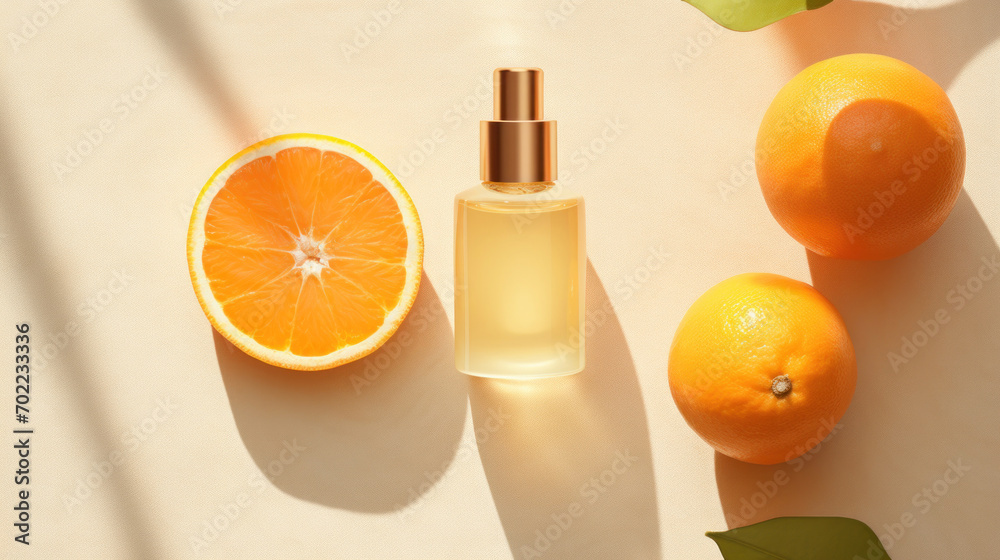 A delicate citrus-scented perfume bottle surrounded by fresh oranges and lush leaves on a naturally lit beige background. A delicate citrus-scented perfume bottle surrounded by fresh oranges and lush leaves on a naturally lit beige background.